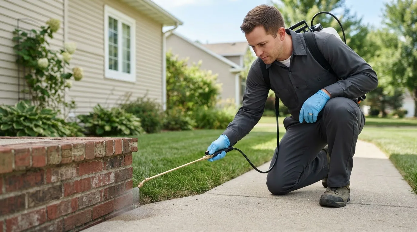 Pest control technician treating a home near Knippa, TX